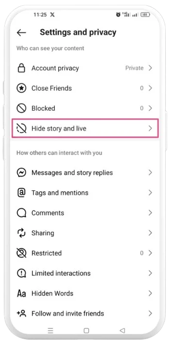 Hide Story and Live feature in settings and privacy tab