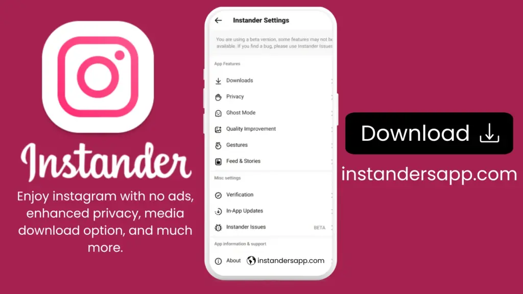 Instander APK banner with its official logo and website instandersapp.com link