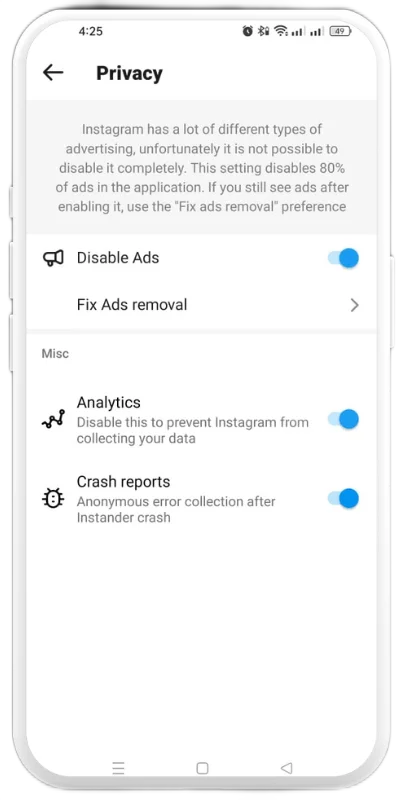 Privacy's disable ads option in Instander settings