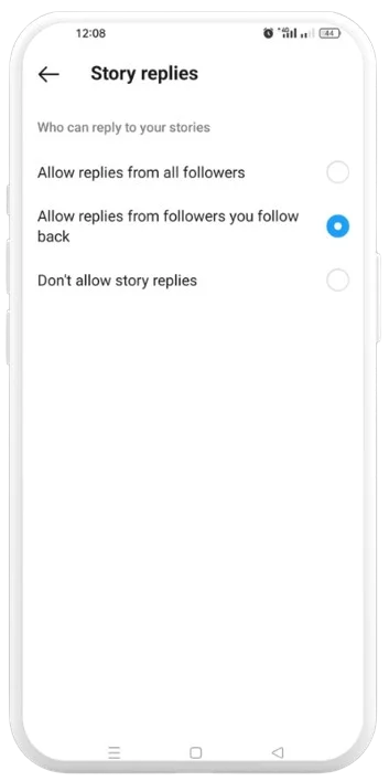 Story replies feature in settings and privacy tab