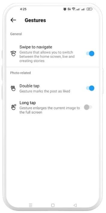 Gestures feature options in Instander settings