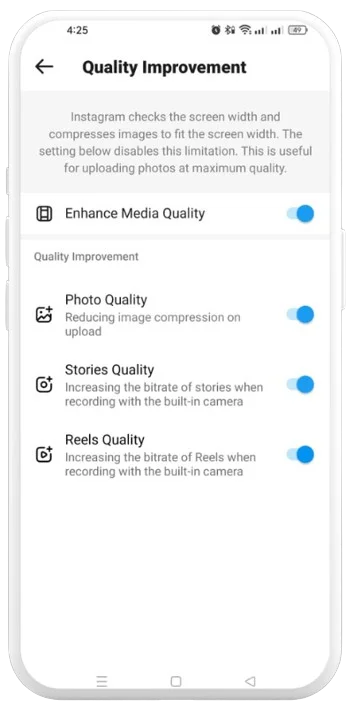 Quality Improvement feature options in Instander settings